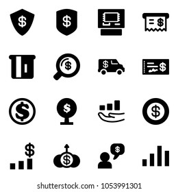 Solid vector icon set - safe vector, atm, receipt, money search, encashment car, check, dollar, tree, growth, chart, dialog