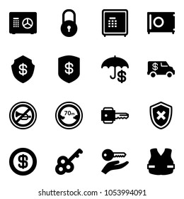 Solid vector icon set - safe vector, lock, insurance, encashment car, no horn road sign, limited distance, key, shield cross, dollar, hand, life vest