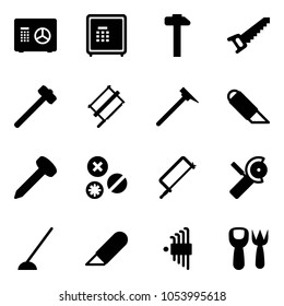 Solid vector icon set - safe vector, hammer, saw, sledgehammer, bucksaw, mason, work knife, nail, rivet, metal hacksaw, Angular grinder, hoe, allen key set, shovel fork toy