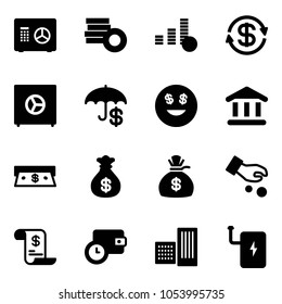 Solid vector icon set - safe vector, coin, dollar exchange, insurance, smile, bank, cash, money bag, investment, account history, wallet time, building, power