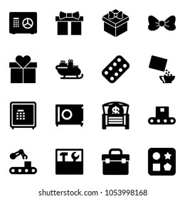 Solid vector icon set - safe vector, gift, bow, santa sleigh, pills blister, cereal, money chest, conveyor, tool box, cube hole toy