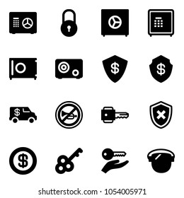 Solid vector icon set - safe vector, lock, encashment car, no horn road sign, key, shield cross, dollar, hand, protect glass