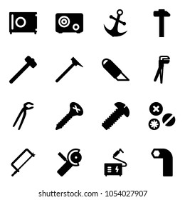 Solid vector icon set - safe vector, anchor, hammer, sledgehammer, mason, work knife, plumber, screw, rivet, metal hacksaw, Angular grinder, welding, allen key