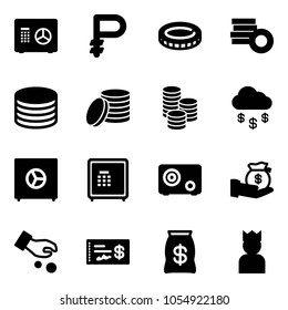 Solid vector icon set - safe vector, ruble, coin, money rain, investment, check, bag, king