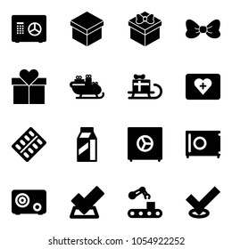 Solid vector icon set - safe vector, gift, bow, santa sleigh, first aid kit, pills blister, milk, check, conveyor