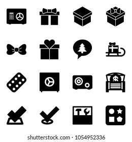 Solid vector icon set - safe vector, gift, bow, merry christmas message, sleigh, pills blister, money chest, check, tool box, cube hole toy