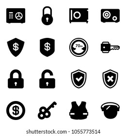 Solid vector icon set - safe vector, lock, limited distance road sign, key, locked, unlocked, shield check, cross, dollar, life vest, protect glass