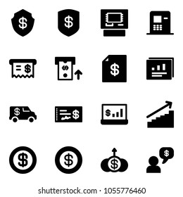 Solid vector icon set - safe vector, atm, receipt, account statement, statistics report, encashment car, check, growth, dollar, money dialog