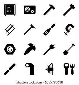 Solid vector icon set - safe vector, hammer, sledgehammer, bucksaw, mason, chisel, clamp, nut, screw, wood drill, shovel, rasp, allen key, set, fork toy