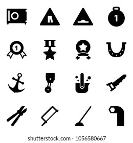 Solid vector icon set - safe vector, Road narrows sign, artificial unevenness, gold medal, star, luck, anchor, piston, casting of steel, saw, bolt cutter, metal hacksaw, hoe, allen key