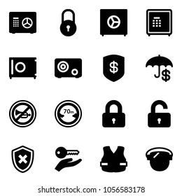 Solid vector icon set - safe vector, lock, insurance, no horn road sign, limited distance, locked, unlocked, shield cross, key hand, life vest, protect glass