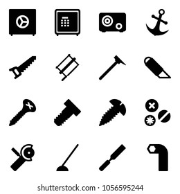 Solid vector icon set - safe vector, anchor, saw, bucksaw, mason hammer, work knife, screw, bolt, rivet, Angular grinder, hoe, rasp, allen key