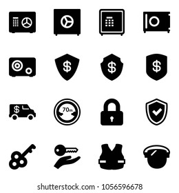 Solid vector icon set - safe vector, encashment car, limited distance road sign, locked, shield check, key, hand, life vest, protect glass