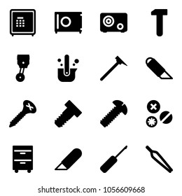 Solid vector icon set - safe vector, work, piston, casting of steel, mason hammer, knife, screw, bolt, rivet, tool cabinet, awl, forceps