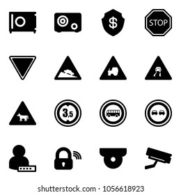 Solid vector icon set - safe vector, stop road sign, giving way, steep descent, tractor, slippery, cow, limited height, no bus, overtake, user password, wireless lock, surveillance camera