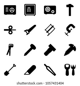 Solid vector icon set - safe vector, hammer, steel rolling, saw, bucksaw, clamp, plumber, nail, bolt, screw, shovel, work knife, forceps, fork toy