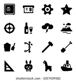 Solid vector icon set - safe vector, receipt, gear, star, target, wine, storm, mountains, bucket scoop, bezier, sledgehammer, shovel, corner ruler, toy rabbit, giraffe, boat