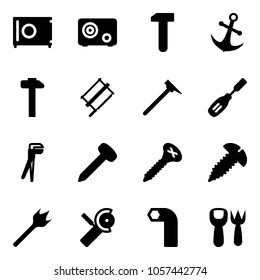 Solid vector icon set - safe vector, work, anchor, hammer, bucksaw, mason, chisel, plumber, nail, screw, wood drill, Angular grinder, allen key, shovel fork toy