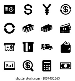 Solid vector icon set - safe vector, dollar sign, yen, exchange, credit card, receipt, atm, encashment car, wallet, account statistics, money click, calculator