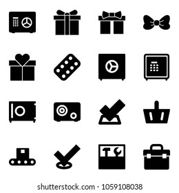 Solid vector icon set - safe vector, gift, bow, pills blister, check, basket, conveyor, tool box