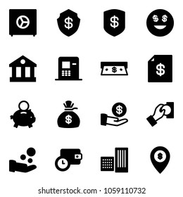 Solid vector icon set - safe vector, dollar smile, bank, atm, cash, account statement, piggy, money bag, investment, pay, wallet time, building, map pin