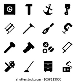 Solid vector icon set - safe vector, work, anchor, piston, bucksaw, mason hammer, chisel, clamp, nail, bolt, rivet, metal hacksaw, Angular grinder, hoe, tool cabinet, welding