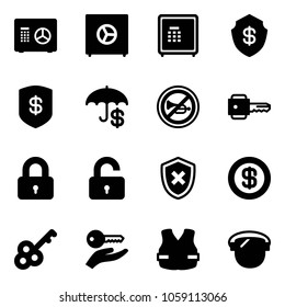Solid vector icon set - safe vector, insurance, no horn road sign, key, locked, unlocked, shield cross, dollar, hand, life vest, protect glass
