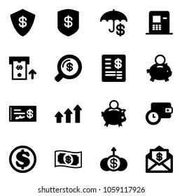 Solid vector icon set - safe vector, insurance, atm, money search, account statement, piggy bank, check, arrows up, wallet time, dollar, growth, mail