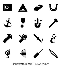 Solid vector icon set - safe vector, artificial unevenness road sign, gold, luck, anchor, piston, casting of steel, sledgehammer, screw, Angular grinder, soldering iron, winch, allen key set, awl