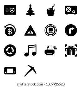 Solid vector icon set - safe vector, christmas tree, champagne, money back, car crash road sign, no dangerous cargo, only right, circle, music, printer wireless, fingerprint scanner, game console