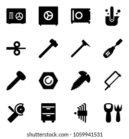 Solid vector icon set - safe vector, casting of steel, rolling, sledgehammer, mason hammer, chisel, nail, nut, screw, metal hacksaw, Angular grinder, tool cabinet, allen key set, shovel fork toy