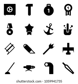 Solid vector icon set - safe vector, work, gold medal, star, anchor, casting of steel, bucksaw, knife, wood drill, milling cutter, hoe, pipe welding, allen key, forceps