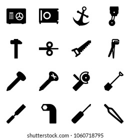 Solid vector icon set - safe vector, anchor, piston, hammer, steel rolling, saw, plumber, nail, screw, Angular grinder, shovel, rasp, allen key, awl, forceps