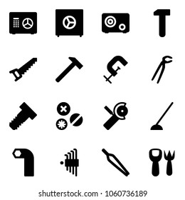 Solid vector icon set - safe vector, work, saw, hammer, clamp, plumber, bolt, rivet, Angular grinder, hoe, allen key, set, forceps, shovel fork toy