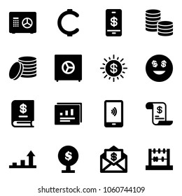 Solid vector icon set - safe vector, cent, mobile payment, coin, dollar sun, smile, annual report, statistics, account history, growth arrow, money tree, mail, abacus