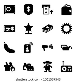 Solid vector icon set - safe vector, atm, wallet, check, award, dollar, sun, banana, identity card, dryer, oiler, shovel bucket, excavator toy, doll, radio