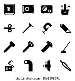Solid vector icon set - safe vector, casting of steel, rolling, mason hammer, clamp, work knife, nail, screw, hoe, welding, allen key, set, forceps