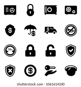 Solid vector icon set - safe vector, lock, insurance, encashment car, no horn road sign, limited distance, locked, unlocked, shield check, cross, dollar, key hand, protect glass
