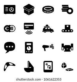 Solid vector icon set - safe vector, gift, coin, euro dollar, tap pay, car baggage, conveyor, chat, multimeter, dryer, sharpening, boomerang, sailboat toy, game console, constructor blocks