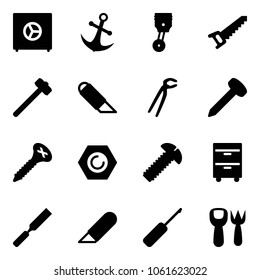 Solid vector icon set - safe vector, anchor, piston, saw, sledgehammer, work knife, plumber, nail, screw, nut, tool cabinet, rasp, awl, shovel fork toy