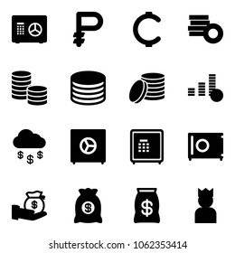 Solid vector icon set - safe vector, ruble, cent, coin, money rain, investment, bag, king
