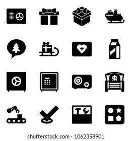 Solid vector icon set - safe vector, gift, santa sleigh, merry christmas message, first aid kit, milk, money chest, conveyor, check, tool box, cube hole toy