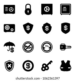 Solid vector icon set - safe vector, lock, insurance, no horn road sign, limited distance, key, shield cross, dollar, life vest