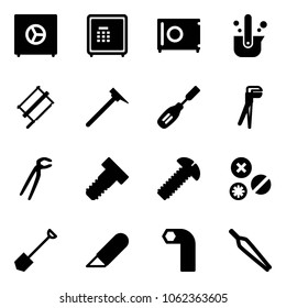 Solid vector icon set - safe vector, casting of steel, bucksaw, mason hammer, chisel, plumber, bolt, screw, rivet, shovel, work knife, allen key, forceps