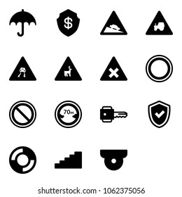 Solid vector icon set -  vector, safe, steep descent road sign, tractor way, slippery, wild animals, railway intersection, prohibition, limited distance, key, shield check, lifebuoy, stairs