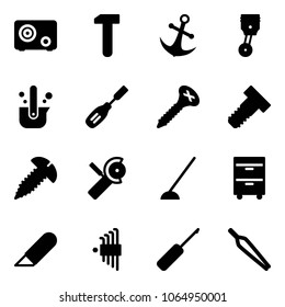 Solid vector icon set - safe vector, work, anchor, piston, casting of steel, chisel, screw, bolt, Angular grinder, hoe, tool cabinet, knife, allen key set, awl, forceps