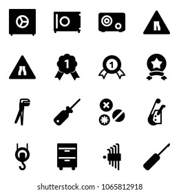 Solid vector icon set - safe vector, Road narrows sign, gold medal, star, plumber, screwdriver, rivet, winch, tool cabinet, allen key set, awl