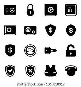 Solid vector icon set - safe vector, lock, limited distance road sign, key, unlocked, shield check, cross, life vest, protect glass