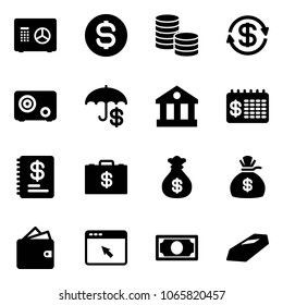 Solid vector icon set - safe vector, dollar coin, exchange, insurance, bank, finance calendar, annual report, money case, bag, wallet, cursor browser, gold