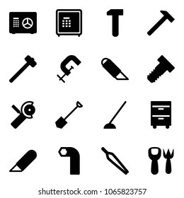 Solid vector icon set - safe vector, work, hammer, sledgehammer, clamp, knife, bolt, Angular grinder, shovel, hoe, tool cabinet, allen key, forceps, fork toy